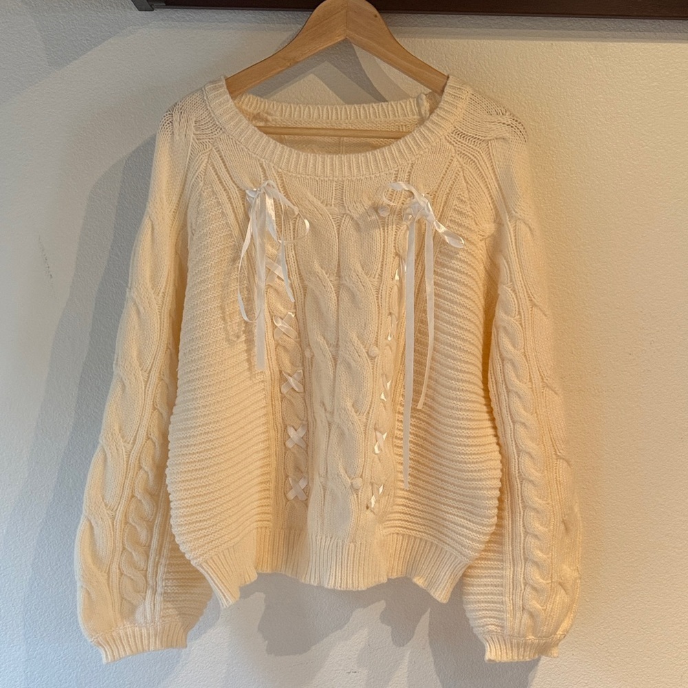 Tie Ribbon Bow Chunky Cable Knit Sweater with Lantern Sleeves, Cream, Size L